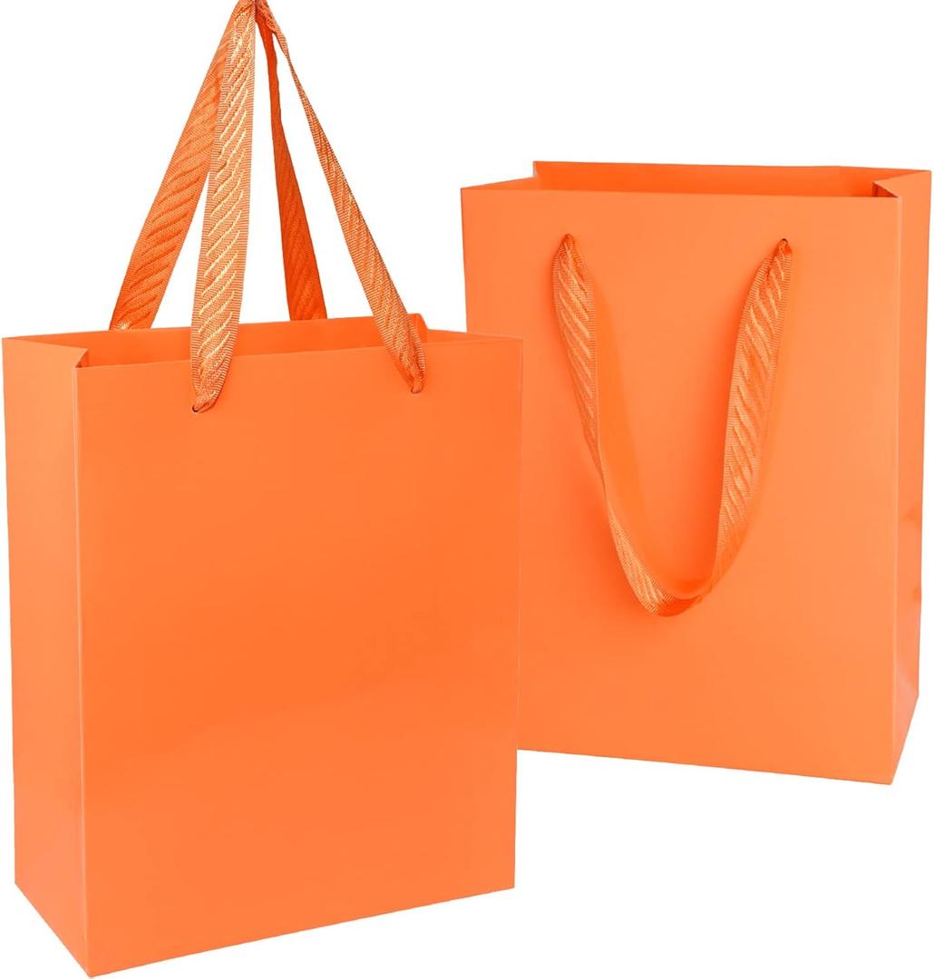 UnicoPak Orange Gift Bags - Medium Size 8x4x10, 20 Pcs Glossy Finish Waterproof Paper Bags with Handles for Birthday, Party, Wedding, Bridal Shower, Shopping
