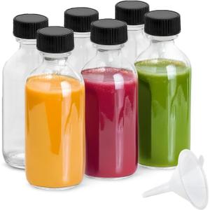 6Pack 2oz Glass Shot Bottles with Caps and Funnels, Boston Round Glass Bottles, Leakage-Proof Ginger Shots Bottles, Wellness Shot Glass Bottles, Suitable for DIY Essential Oils, Juice, Whiskey (Clear)