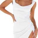 BEAGIMEG Women's Sexy Bodycon Sleeveless Ruched Backless Slit Tie Back Club Party Mini Dress (X-Large, White)