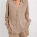 AlvaQ Womens Oversized Sweatshirt Loose V Neck Long Sleeve Lapel Collared Waffle Knit High Low Pullover Tops (Brown, L)