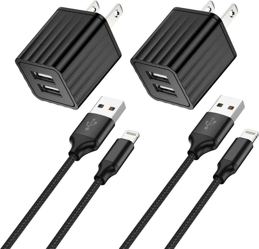 iPhone Fast Charger,2Pack Dual Port Wall Charger with Fast Charging 6.6FT Long Nylon Braided USB to Lightning Cable Cord Double Wall Charger Adapter Block Plug for iPhone 14 13 12 Pro Max 11 SE iPad (Black)