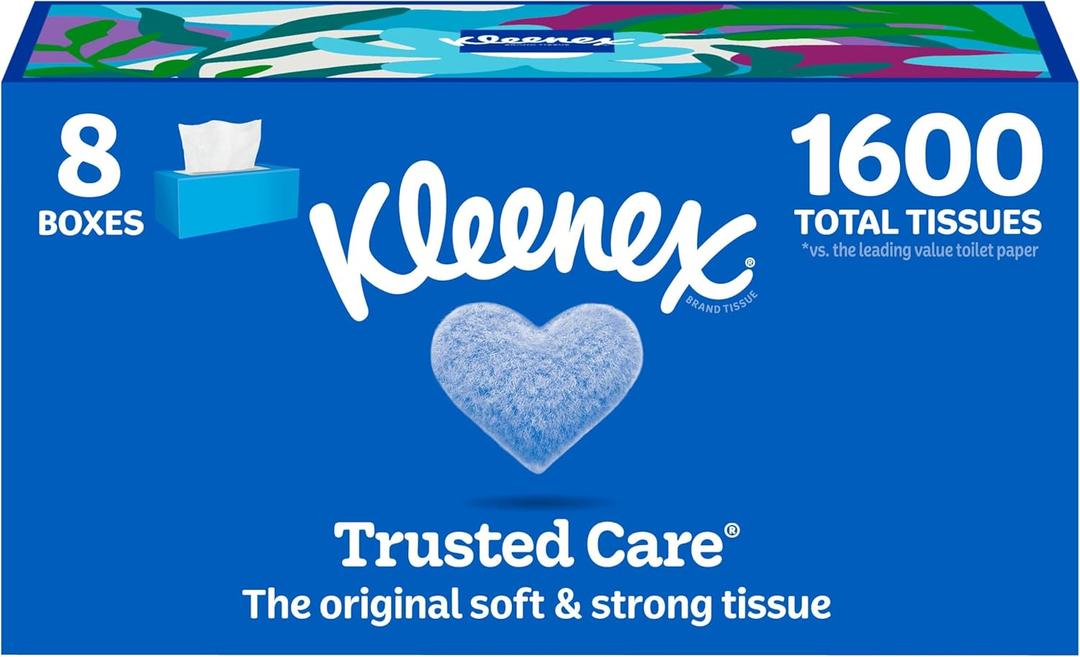 Kleenex Trusted Care Facial Tissues, 8 Flat Boxes, 200 Tissues per Box, 2-Ply (White)