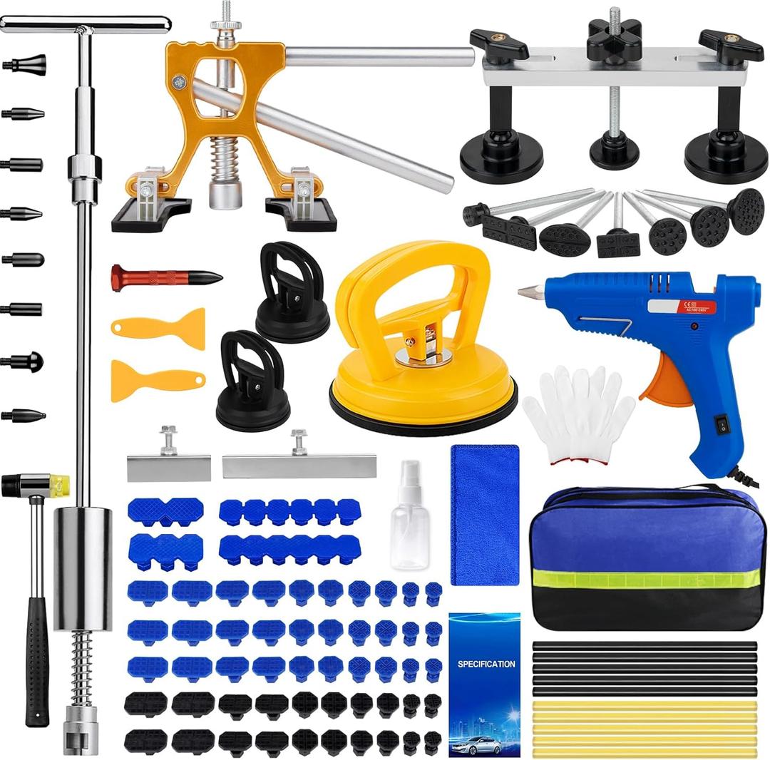 Dent Puller Hail Remover Kit, Professional Car Paintless Dent Removal Kit Tools, 2 in 1 T-Bar,Adjustable Dent Lifter, Bridge Puller Hammer Dent Suction Puller for Auto Body SUV Damage DIY Repair