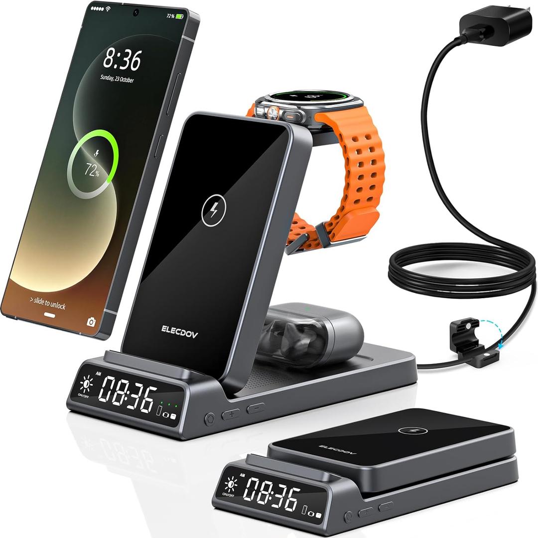 Wireless Charger for Samsung Charging Station with Clock for Samsung Galaxy S25 Ultra/S24/Z Flip 7/Fold 6/Bud, Watch Charger for Samsung Galaxy Watch 8/7/6/5, 3 in 1 Foldable Charging Station (Grey)