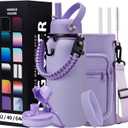 DIGJUPER Insulated Water Bottle 32 oz - with Straw & Pop-up Spout Lid, Paracord Handle, Carrier Shoulder Strap, Protective Boot, Wide Mouth Double Walled Vacuum Insulated Gym Water Bottle for Women (Lilac Purple)