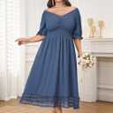 Plus Size Smocked Milkmaid Maxi Dress for Curvy Women Puff Sleeve Wedding Guest Summer Dresses Lace Trim (Blue, XL)