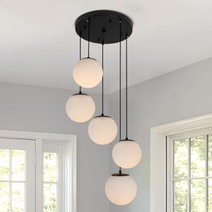 Cluster Globe Glass Chandelier Black 5-Lights, Mid Century Pendant Lights with Milk White Glass, Multi Cluster Pendant Light for Stair, Adjustable Height Island Ceiling Hanging Light