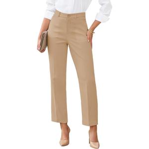 GRAPENT Womens Dress Pants Business Casual Ankle Straight Leg Trousers Elastic Waist Office Work Pants with Pockets (Brown, S)