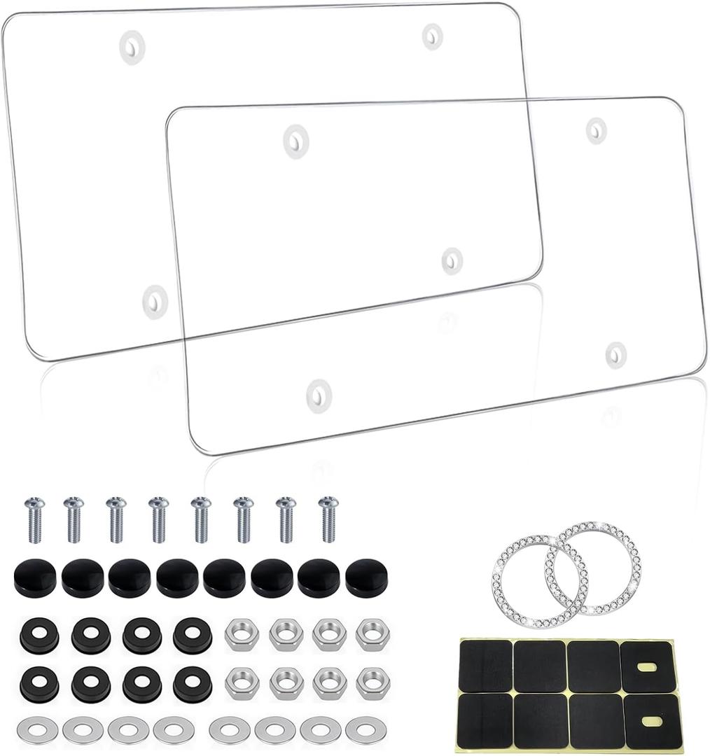 2 Pack License Plate Covers - Clear License Plate Protector, Unbreakable Transparency Plastic Car Tag Cover for Universal Vehicles, Front Rear Fit with Screws & Caps (with Start Stop Button) (Style 1, White)
