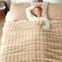 Cozy Bliss Faux Fur Throw Blanket for Couch, Bubble Plush Blanket Queen Size, Fuzzy Soft & Thick Blanket for Bed Sofa Living Room, 90x90 Inches Beige