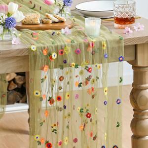 Artoid Mode Green Embroidery Daisy Gauze Table Runner 120 Inch 10FT, Seasonal Sheer Kitchen Dining Holiday Wedding Birthday Table Decor for Home Party (28" x 120")