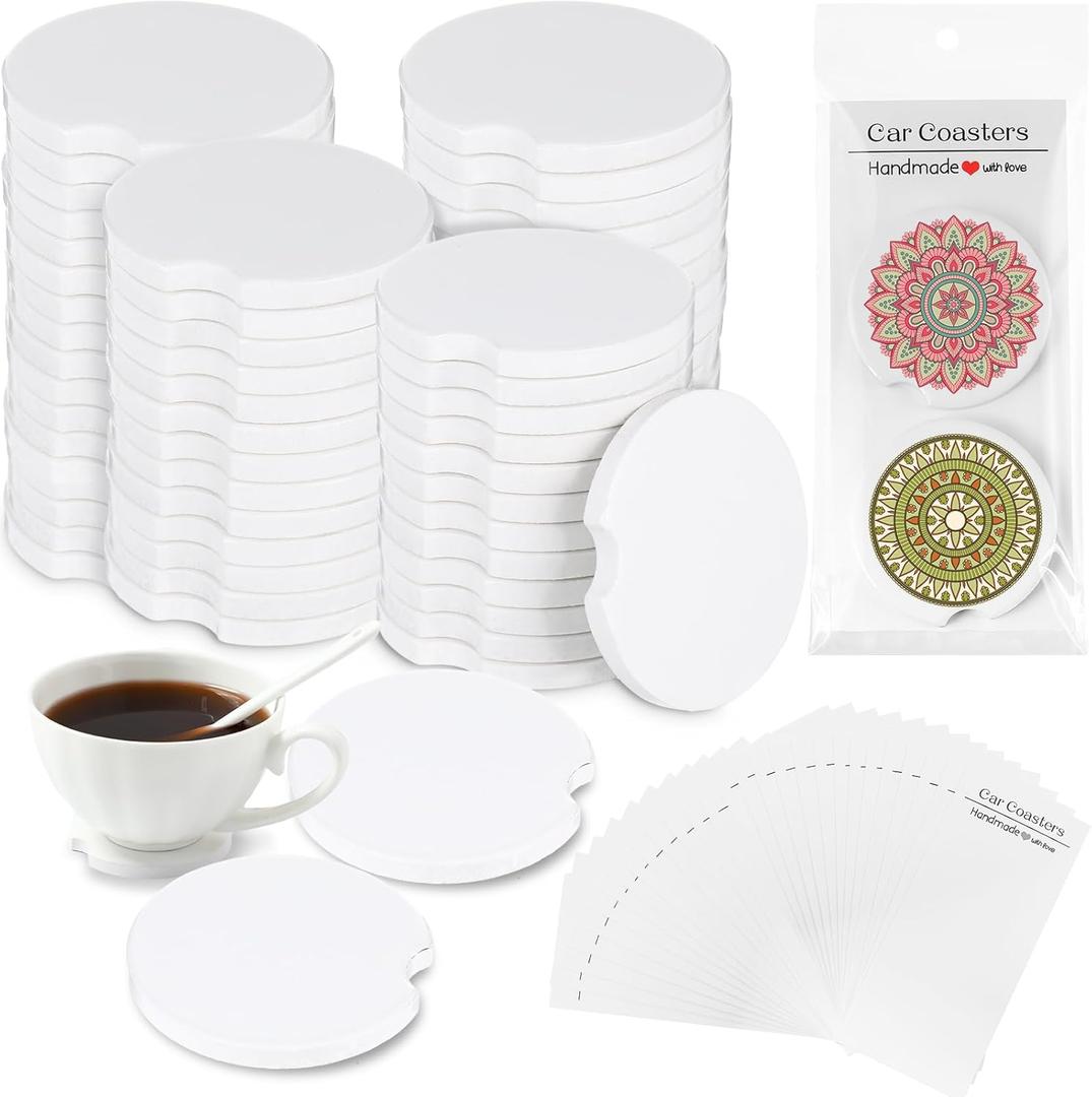 Zhehao 136 Pcs Ceramic Car Coasters with Bags and Cards 2.64'' Sublimation Coasters Blanks Ceramic Car Cup Holder Coasters with A Finger Notch for Easy Removal Car Coaster