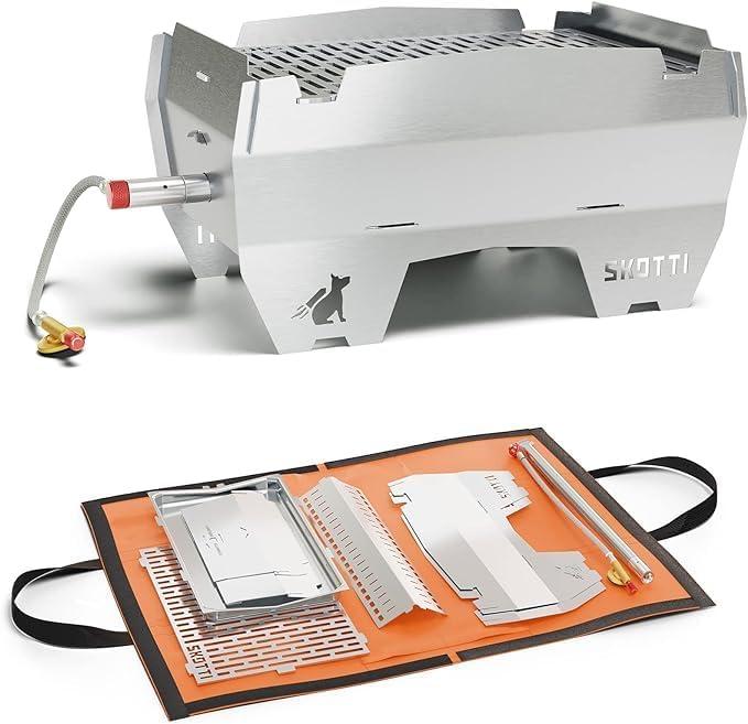 SKOTTI Grill - Portable Gas/Wood/Charcoal Grill, 8500 BTU, 6.6 lbs only, fully collapsible, Stainless Steel