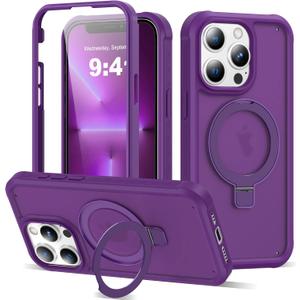 Compatible with iPhone 13 Pro Case with Magnetic Ring Stand [Compatible with Mag-Safe] [Built-in Screen Protector] Military-Grade Drop Protection Matte Translucent Phone Case, Dark Purple