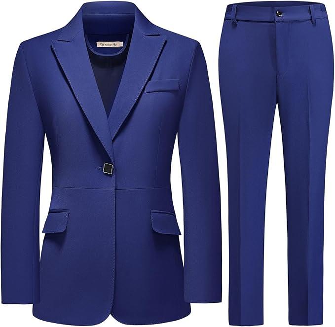 Women's Suit Formal Slim Fit 2 Piece One Button Business Casual Blue Lady Dressy Blazer Jacket Pants Set for Work Office L