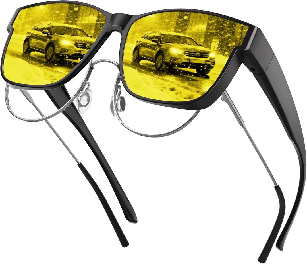 XVXV Night Vision Glasses Fit Over Glasses for Men Women - Polarized Anti Glare HD Yellow Lens Night Driving (Matte Black/Yellow)