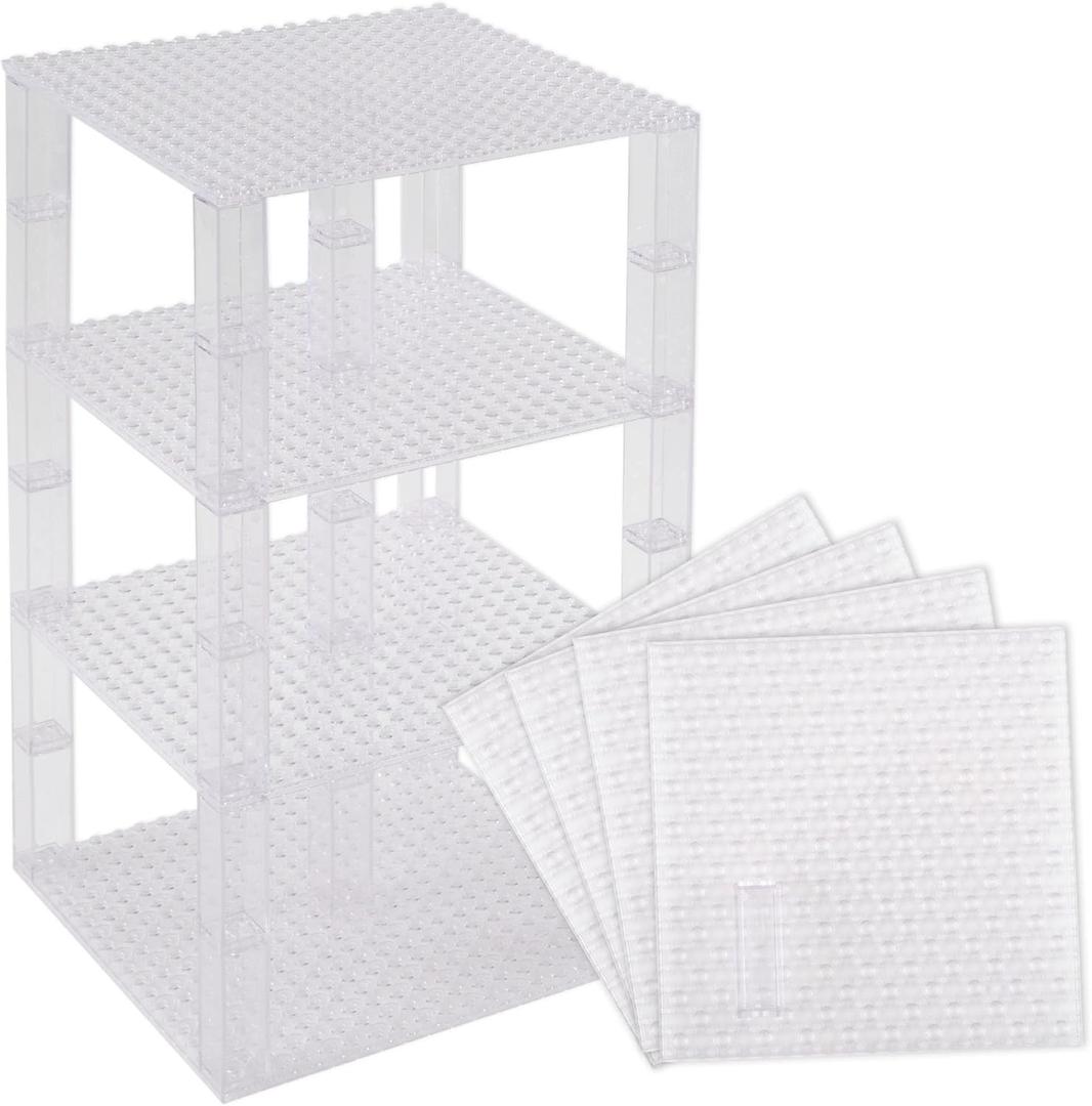 Strictly Briks Stackable Baseplates - Compatible with Lego, 6 x 6 in Baseplates for Buidling Blocks, Display Tower, Expand Vertical Builds, 4 Baseplates & 30 Stakcers, Kids, Clear