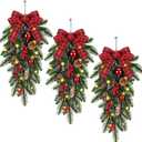 3 Pcs Christmas Teardrop Swag 24 Inch Pine Branch Swag Stairway Swag Prelit Tear Drop Christmas Wreath with Warm Lights Christmas Decoration for Door Indoor Outdoor Home Hanging Decor