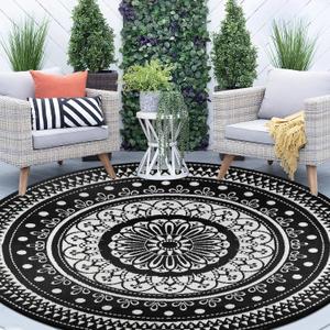 Cekene Round Outdoor Rugs for Patio 10Ft Waterproof Reversible Outdoor Patio Rugs Black Lightweight Plastic Straw Rugs Portable RV Camping Mat Floor Carpet for Deck Porch Picnic BBQ