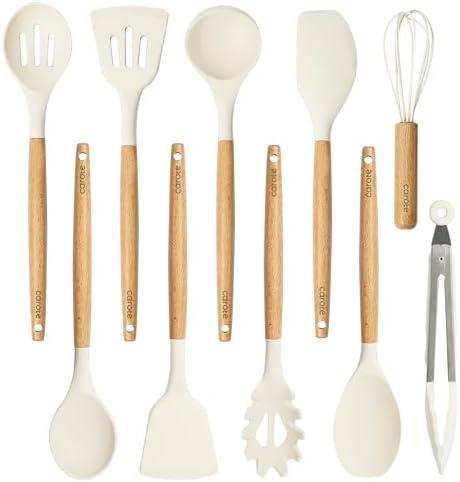 CAROTE Silicone Cooking Utensils Set, Kitchen Utensils Set 7 Pcs for cooking, BPA Free Spatula Set with Heat Resistant Wood Handles for Nonstick Cookware (Cream White)