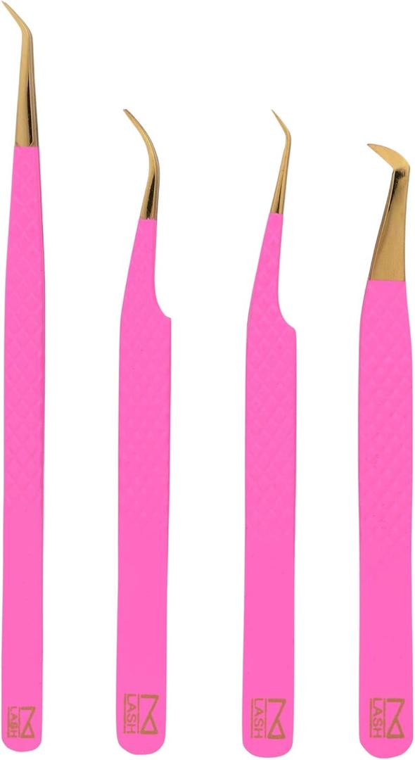 M LASH Tweezers for Eyelash Extensions (Set of 4) - Professional Lash Extension Tweezers - Fiber Tip, Japanese Steel, Diamond Grip Eyelash Extension Tweezer (Pink)