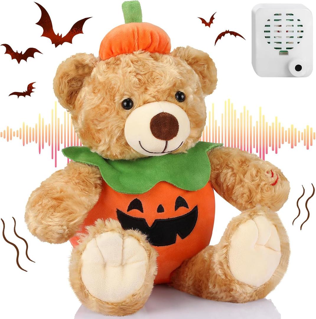 Liliful Halloween Plush Bear Gift 12 Inch Plush Stuffed Animal Insert a Recordable Sound Module Brown Bear Soft Doll Fabric Animal Toy for Birthday Party Decoration(Pumpkin Style)