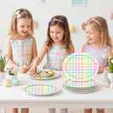 50Pcs Easter Oval Paper Plates Blue Pink Yellow Buffalo Plaid Dinner Plates Disposable Large Farmhouse Heavy Duty Paper Platter Colorful Plaid Dessert Plate for Seasonal Spring Party Supplies