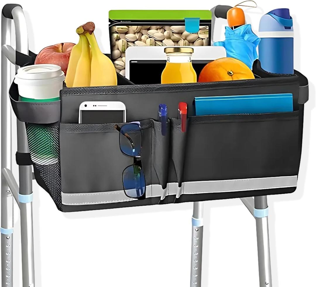 Aliseniors Walker Basket Walker Accessories for Folding Walker with Water Cup Holder - Multi Pockets Basket for Walker for Seniors - Big Capacity & Never Tipping Over Walker Bag (Black)