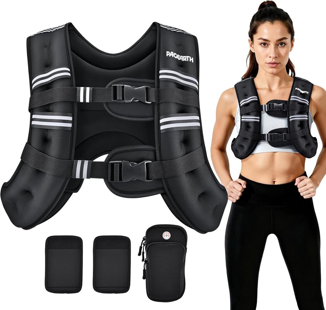 PACEARTH Weighted Vest,6lb/8lb/10lb/12lb/16lb/20lb/25lb/30lb Weight Vest with Reflective Stripe, Body Weight Vests for Women, Men, Weight Loss Workout, Strength Training, Running, Walking, Jogging, Black