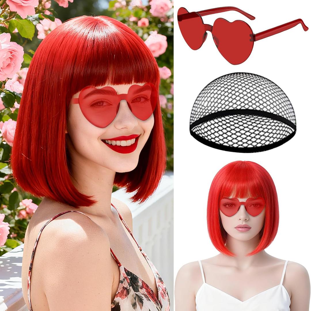 MEEZY Red Short Bob Wigs Straight Hair with Flat Bangs Heart Sunglasses for Women, Colorful Funny Cosplay Party Neon Wig Synthetic Natural As Real Carnival Halloween Costume Party Favors