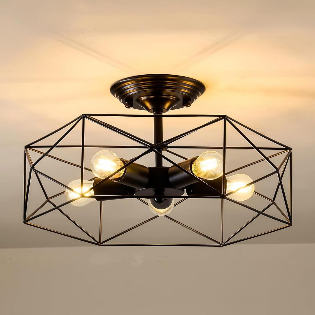 5-Light Farmhouse Semi Flush Mount Ceiling Light Fixture, Modern Black Ceiling Light, Industrial Close to Ceiling Light with Metal Hexagon Cage Ceiling Lamp for Kitchen, Hallway, Bathroomcloset