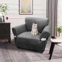 Single Sofa Cover Leather Look Chair Covers for Living Room 1-Piece Sofa Chair Covers with Arms Stretch Furniture Protector with Elastic Bottom & Pockets(Armchair, Grey)