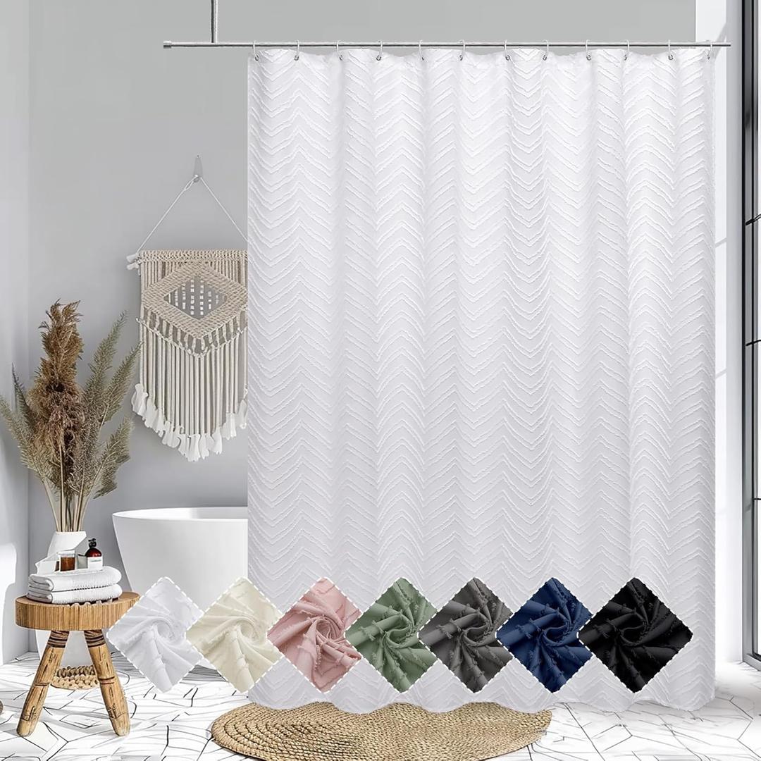 OVZME White Boho Fabric Shower Curtain 72 Inch Length, Tufted Chevron Striped Minimalist Premium Thick Cloth Bathroom Shower Curtain, Modern Hotel Textured Bathroom Decor, 72Wx72L Inches
