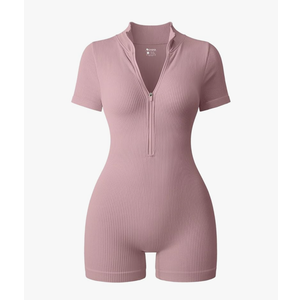 OQQ Women Rompers Ribbed Short Sleeve Zip Front Stretch Tummy Control Yoga Workout Rompers S