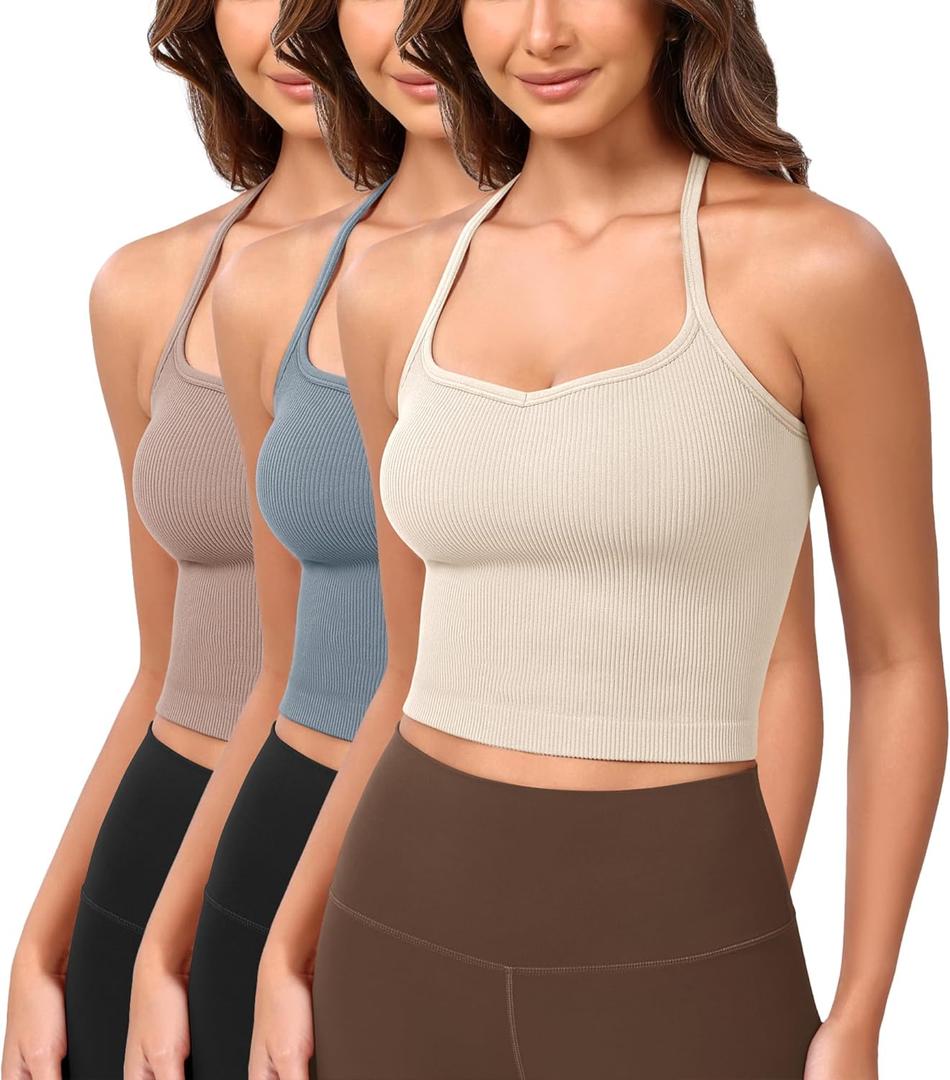 ODODOS Seamless Sweetheart Neck Crop Tank for Women, 3-Pack, Ivory+Dusty Blue+Sphinx, Medium-Large (M)
