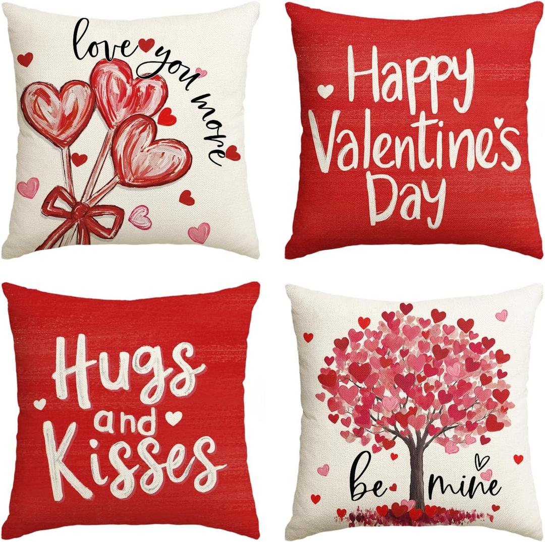 AVOIN colorlife Happy Valentine's Day Heart Lollipop Bouquet Throw Pillow Covers, 18 x 18 Inch Love You More Hugs and Kisses Red Anniversary Wedding Cushion Case Decoration for Sofa Set of 4