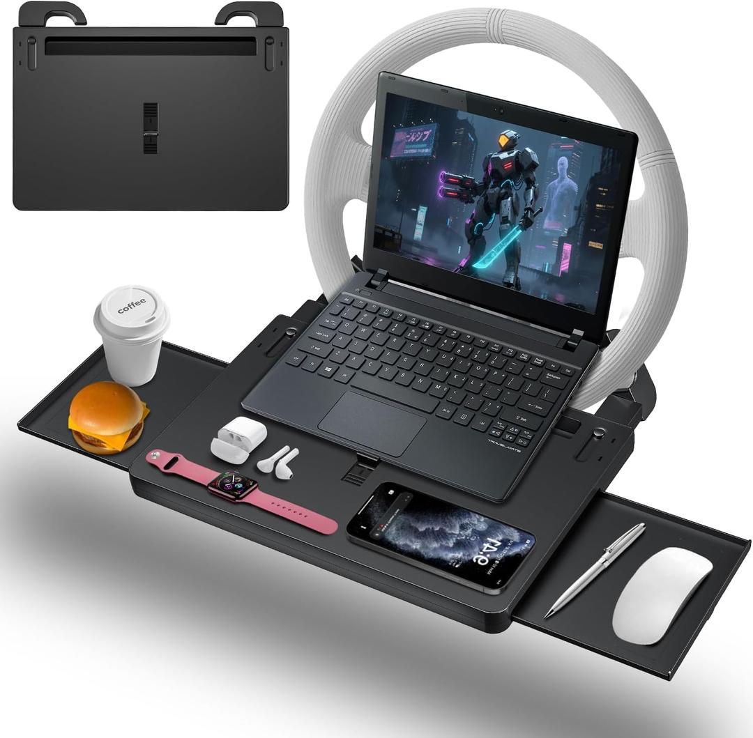 Steering Wheel Tray, Car Food Tray, Car Desk for Laptop, Multipurpose Car Table for Eating & Work, Adjustable Car Tray with Drawer and Anti-Slip Protective Adhesive