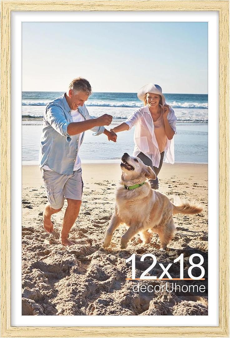 DecorUhome 12x18 Picture Frame, Fits 11x17 Photos with Mat, M01NT | Natural Engineered Wood 12x18 Poster Frame with High Definition Plexiglass Cover for Wall Mounting, 1 Pack