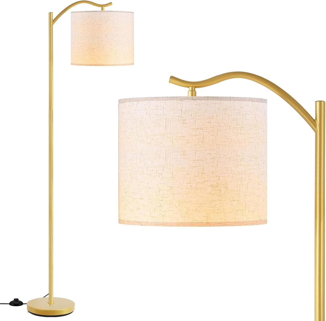 BoostArea Floor Lamp for Living Room,LED Arched Standing Lamp,Tall Modern Standing Lamp with Linen Shade,E26 Socket,Footswitch,Mid Century Gold Floor Lamps for Bedrooms,Office,Double-Layer lampshade