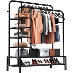 Clothes Rack, Double Rods Clothing Rack with 2 Bottom Shelves & 4 Side Shelves, Metal Garment Rack for Hanging Clothes, Heavy Duty Clothes Rack for Bedroom, Laundry, Living Room, Black