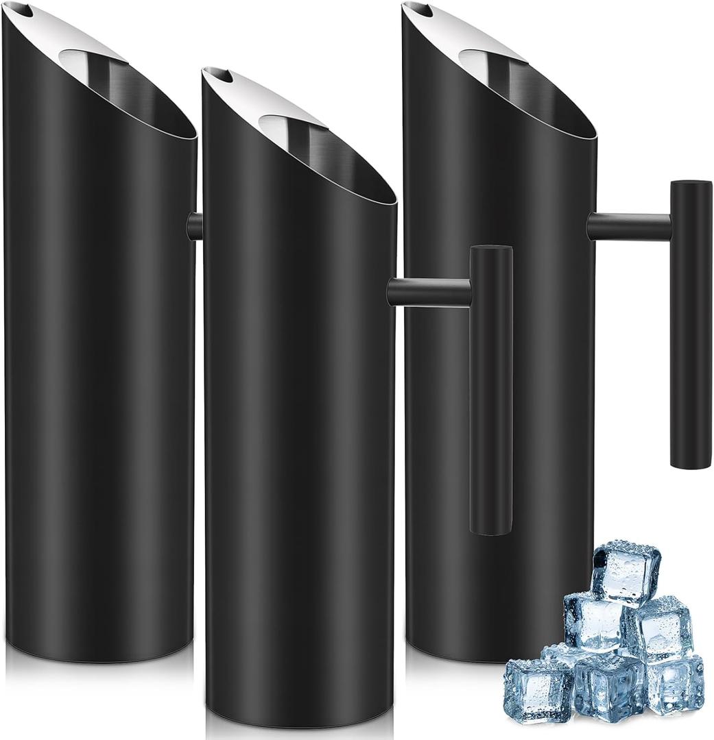 3 Pack 53oz/1.5l Stainless Steel Water Pitcher Modern Metal Pitcher with Ice Guard Black Carafe Drink with Handle or Iced Hot Drink Tea Juice Coffee Beer