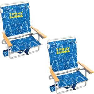Tommy Bahama 2-Pack 5-Position Classic Lay Flat Backpack Beach Chair with Cooler and Cup Holder, Portable Folding Beach Chair for Tanning, Blue Tropical Leaves