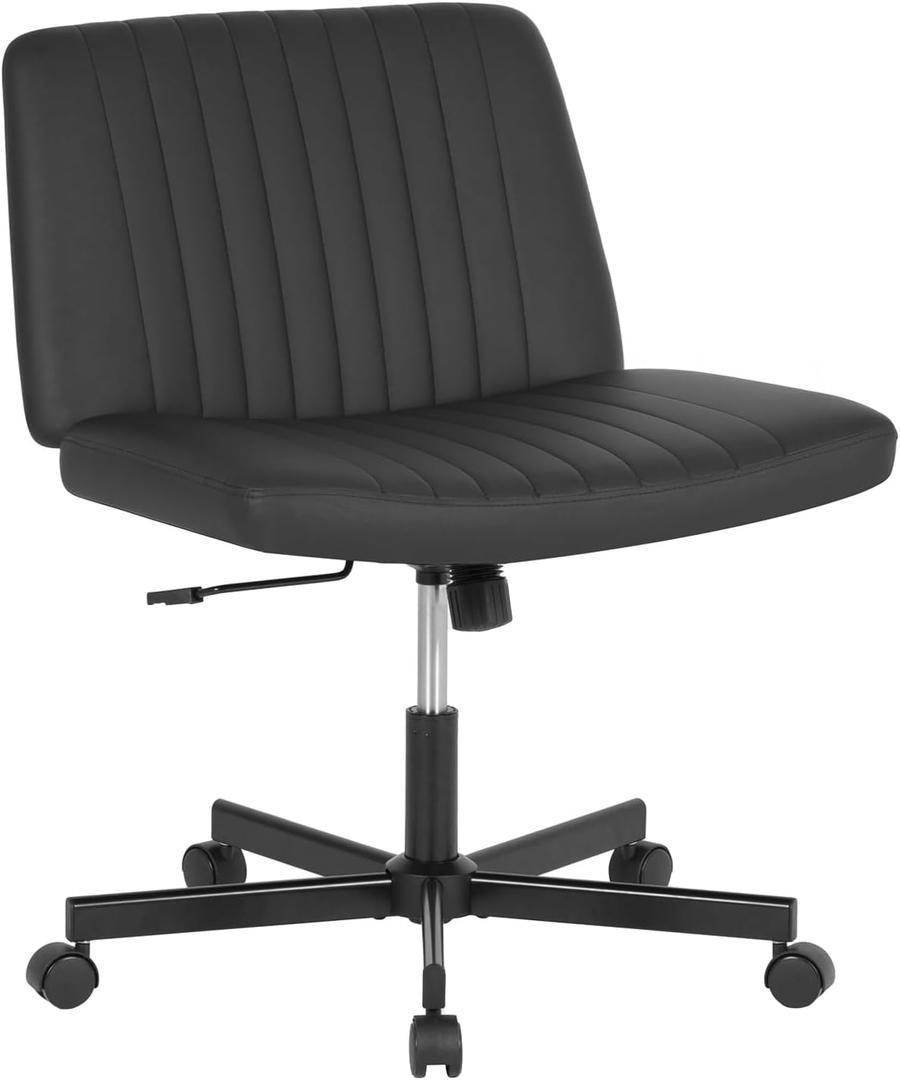 FDW Criss Cross Chair with Wheels Cross Legged Office Desk Modern Swivel Height Adjustable Wide Seat Computer Task Vanity Chair Comfy Fabric Armless Seating for Home Office (Black)
