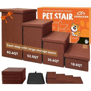 Dog Stairs with Storage 23" H, 4-Step Wider Dog Steps for High Beds Window, Folding Sturdy Pet Stairs Gift for Small/Medium/Large Old Dogs Cats, Ramp for Climbing Car Up to 200 lbs, Brown