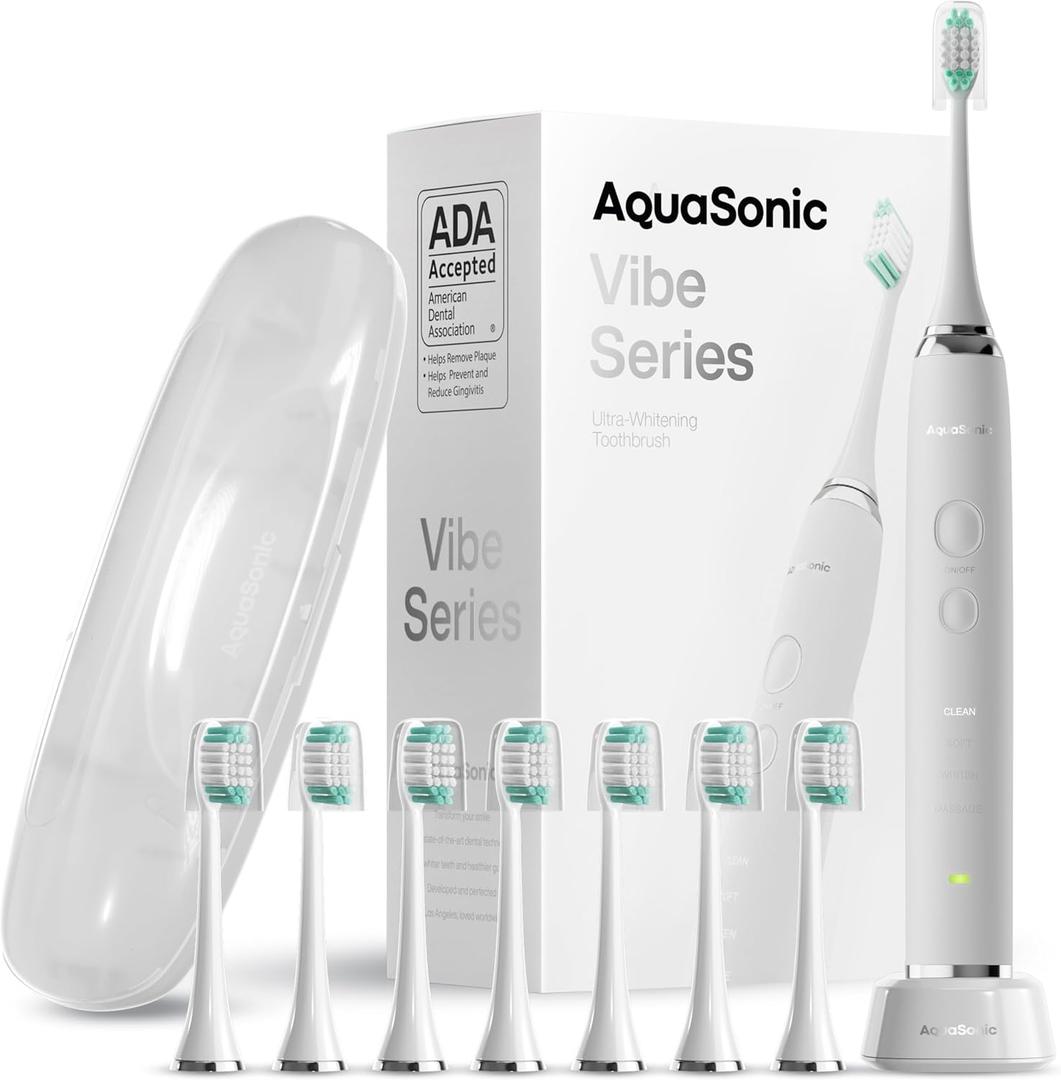 Aquasonic Vibe Series Ultra-Whitening Toothbrush  ADA Accepted Electric Toothbrush - 8 Brush Heads & Travel Case  40,000 VPM Motor & Wireless Charging - 4 Modes w Smart Timer  Optic White Aquasonic Vibe Series Ultra-Whitening Toothbrush  ADA Accepted Electric Toothbrush - 8 Brush Heads & Travel Case  40,000 VPM Motor & Wireless Charging - 4 Modes w Smart Timer  Optic White