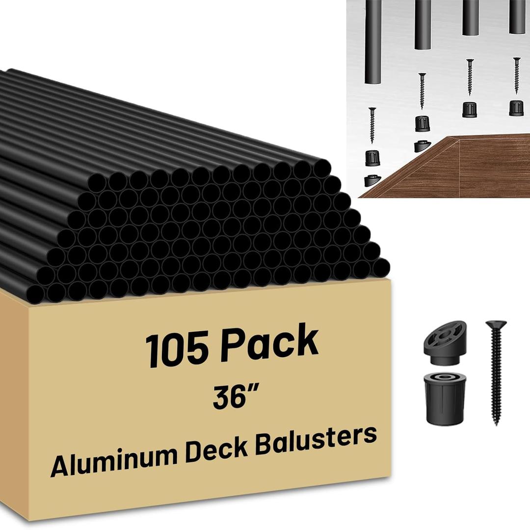 105 Pack 36 inch Aluminum Balusters for Deck Railing,Black Round Metal Spindles for Staircase,3/4" Diameter Hollow Deck Ballasters with Screws and Connectors for Railing Fencing Porch Stair Spindles