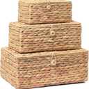 Set of 3 Wicker Storage Baskets with Lid, Large Rectangular Rattan Basket Decorative Boxes, Natural Water Hyacinth Wicker Basket for Shelf Organizer, Nursery Room