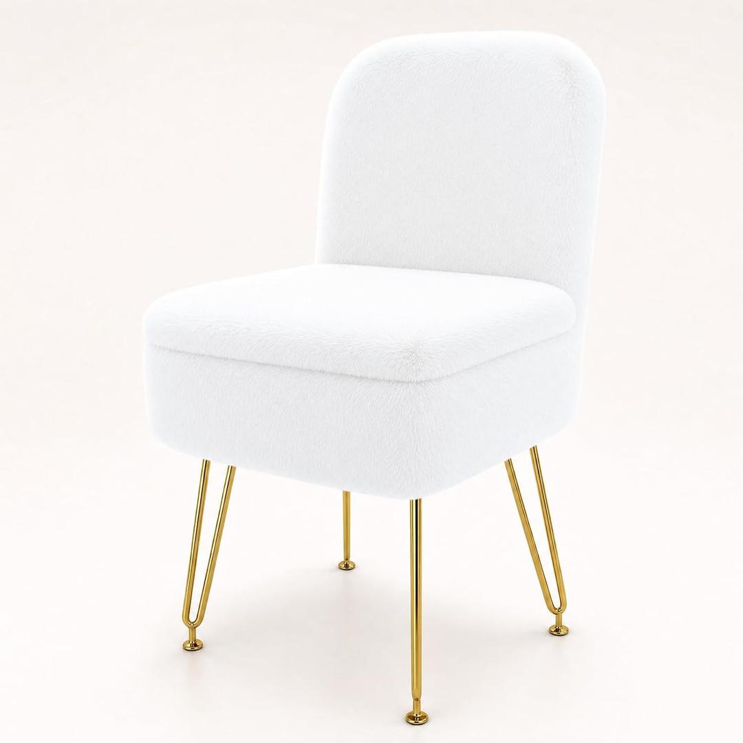 Upgraded Large Vanity Chair with Folding Back, 500g Premium Faux Fur Fluffy Desk Stool for Adults, Comfy Padded Makeup Ottoman for Bedroom & Dressing Room White