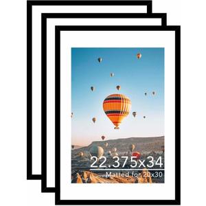 22.375x34 Picture Frame with 20x30 Mat Set of 3, Display Photo 20x30 with Mat or 22.375 x 34 Without Mat, Wall Hanging Large 22.375 by 34 Poster Frame with Plexiglass, 3 Pack, Black