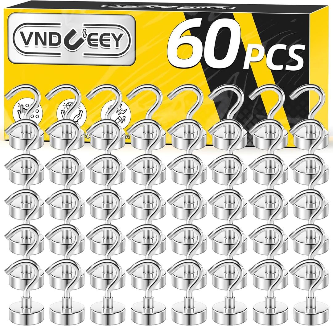 VNDUEEY 60 Pack Strong Magnetic Hooks, 25Lbs Magnet Hooks Heavy Duty, Metal Magnetic Hooks for Hanging, Magnetic Hook for Cruise, Kitchen, Garage, Classroom, and Office (Silver)